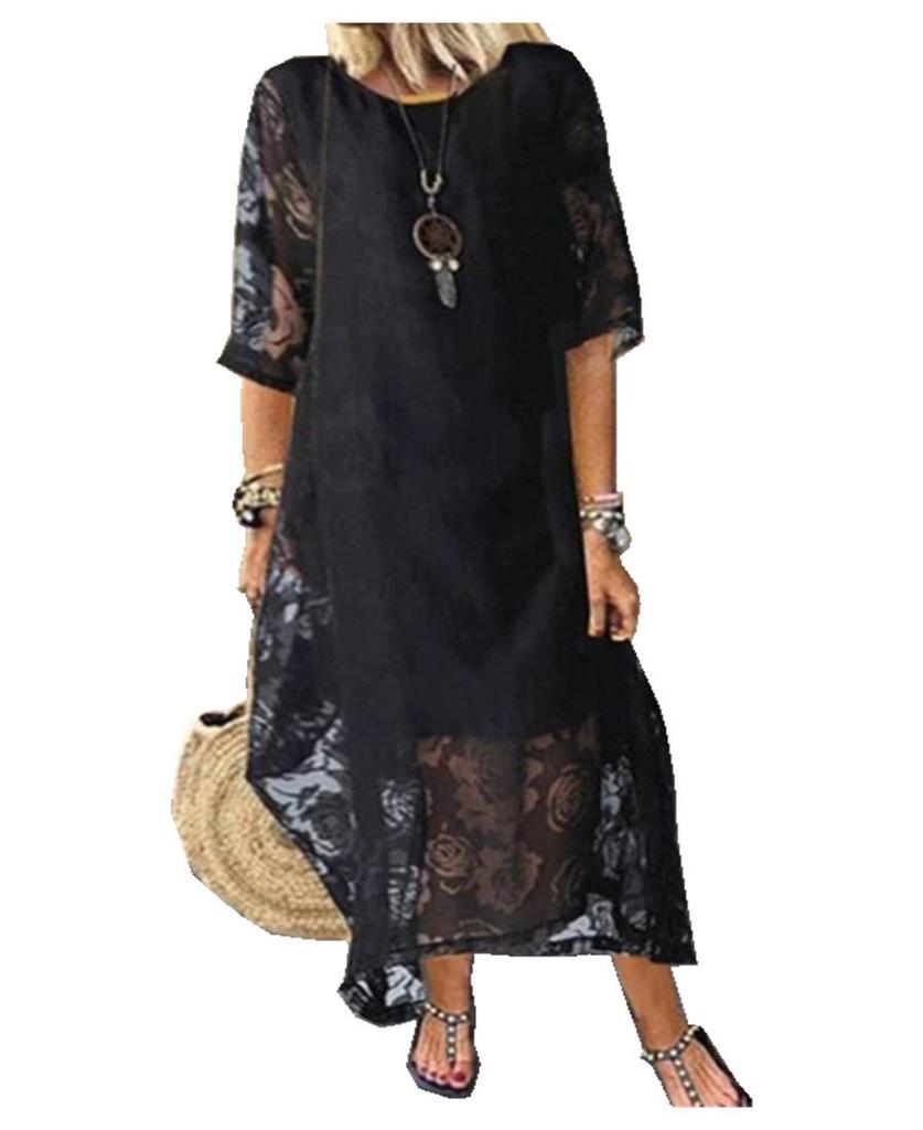 2023 Summer Europe and America Hot Item: Round Neck Short Sleeve Lace Long Casual Dress
