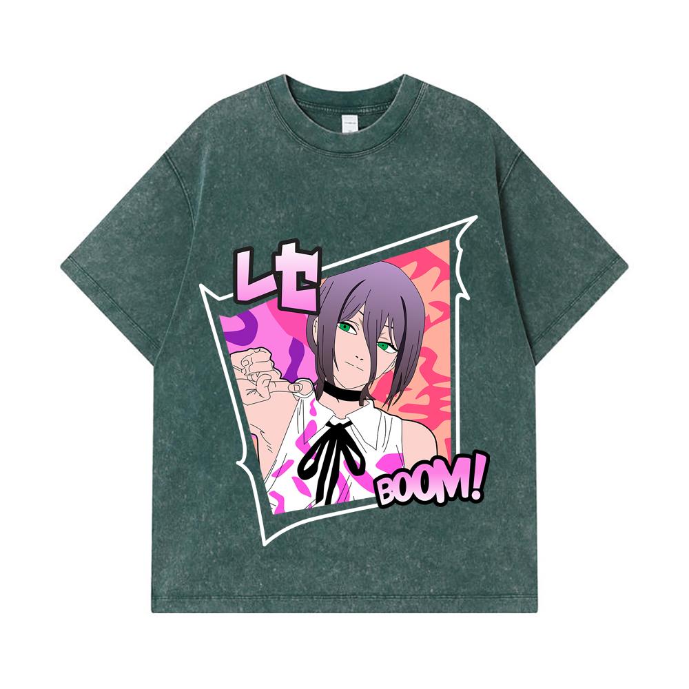 275 GSM Washed T-shirts 100% Cotton Chainsaw Man V53 Reze Print Unisex Heavy Cotton T Shirt