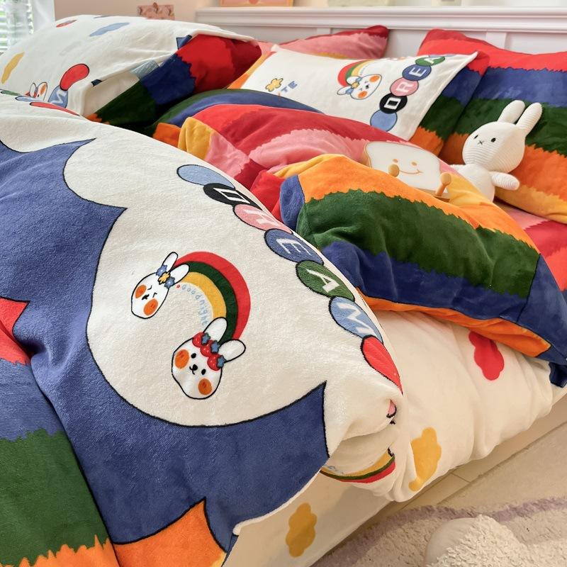 Thickened Milk Fleece Bed Four-Piece Coral Fleece Quilt Cover Double-Sided Flannel Fleece Bed Sheet Three-Piece Set