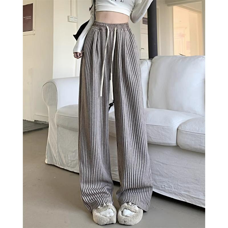 Korean Chic Knit Vertical Striped Wide-Leg Pants for Women - Petite, High Waist, Casual, Autumn/Winter