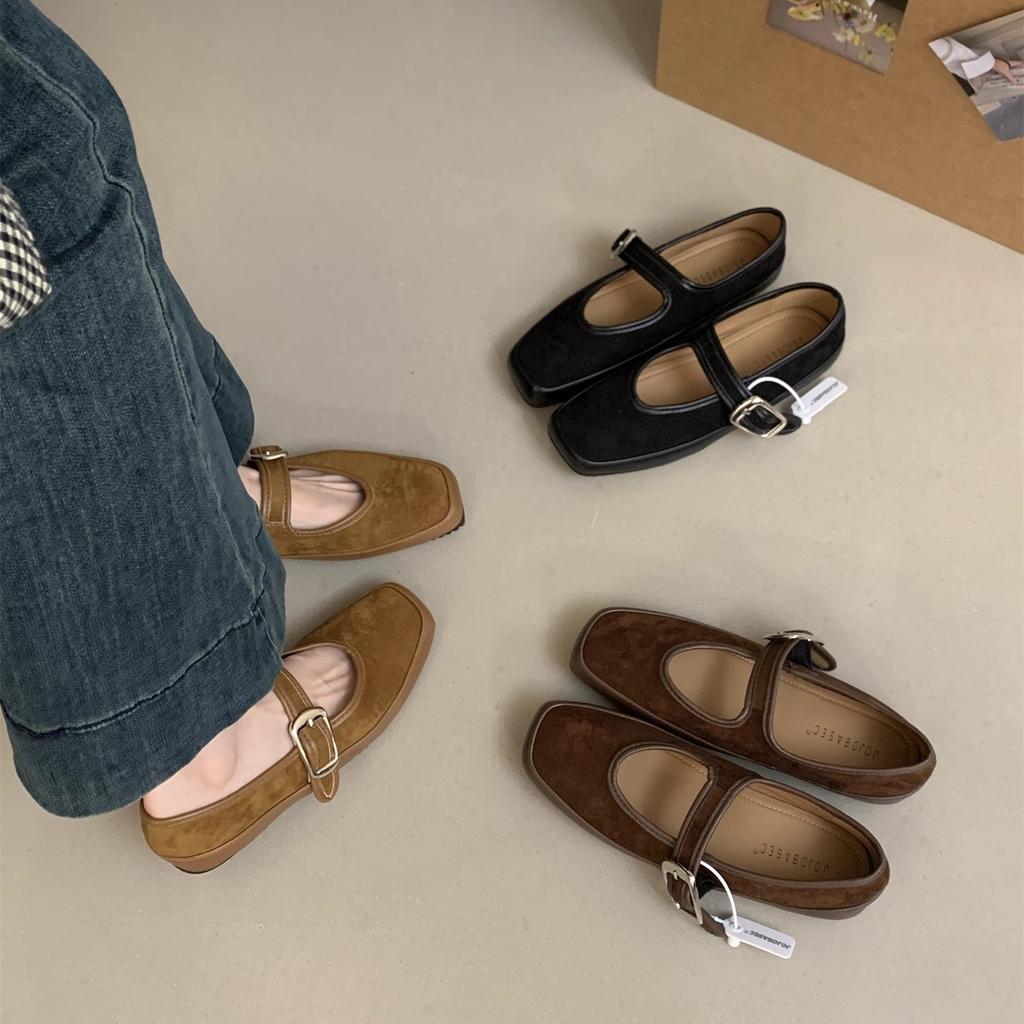 French retro suede ballet single shoes women's 2025 autumn new Korean version one-word strap flat Mary Jane women's shoes