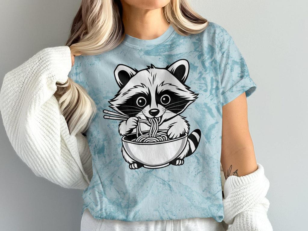 Cute Raccoon Eating Ramen T-Shirt, Fun Animal Graphic Tee, Adorable Raccoon Lover Shirt, Unique Illustrated T-Shirt for Foodies