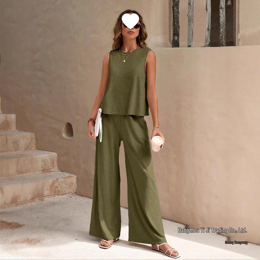 2025 Summer Women's Trendy Two-Piece Set: Loose Cotton Pullover with Round Neck.