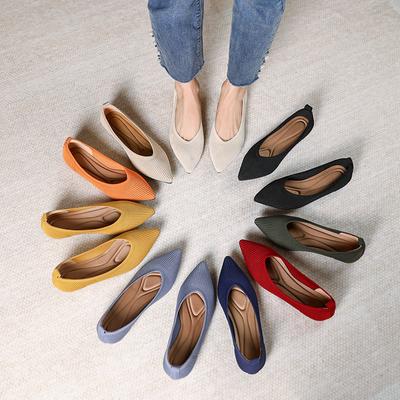 Inner Height Increase Spring Pointed Head Shallow Mouth Knitted Shoes Large Size Flat Sole Shoes Women