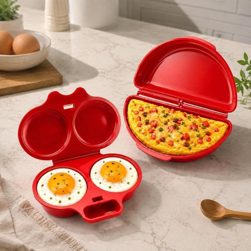 Microwave Eggs Cooker Set with Two-Well Poaching Tray, Lidded Eggs Maker, and Polypropylene Molded Construction for Eggs Dishes