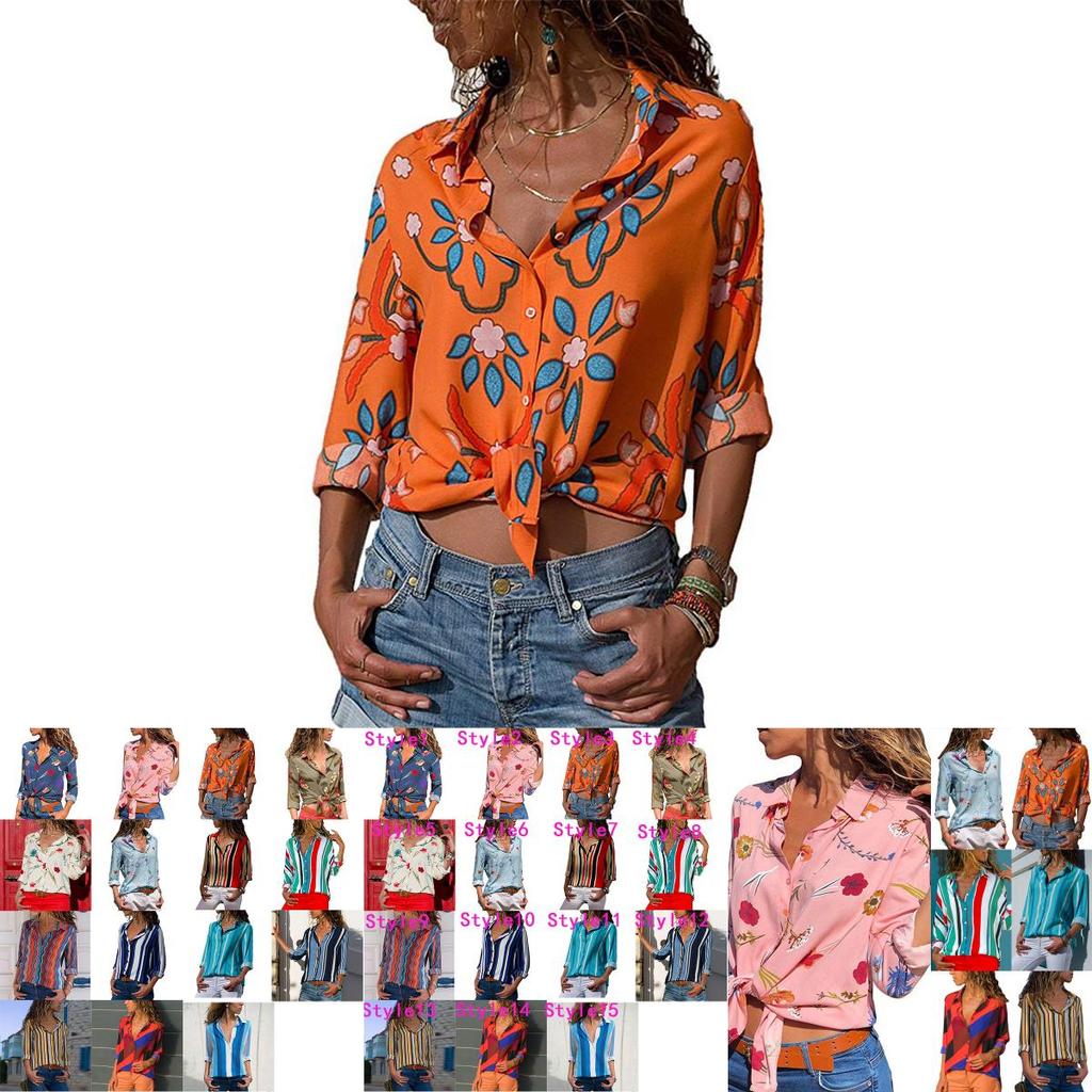 Women Autumn Striped Floral Long Sleeve Button V Neck T Shirt Casual Blouse Tops For Effortless Style And Comfort