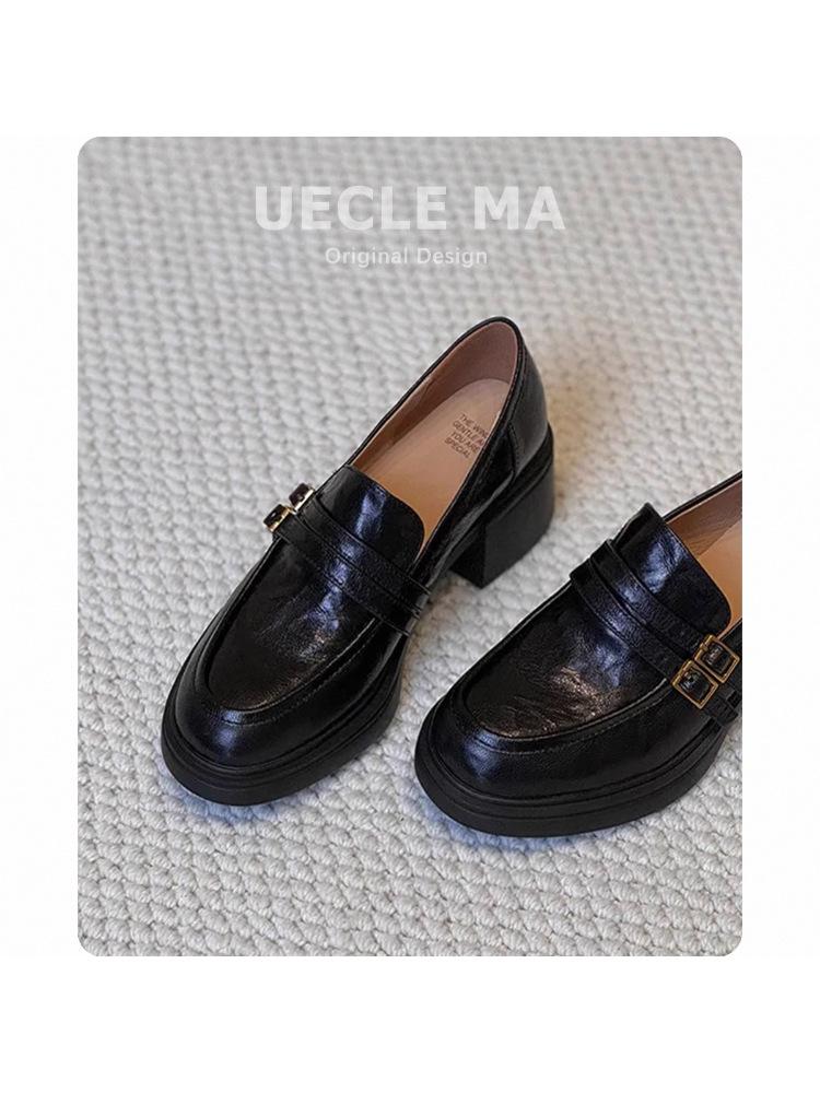 

Воловья кожа~ женские лоферы на платформе в британском стиле, кожаные туфли на высоком каблуке, туфли-одинарки на толстом каблуке, ретро маленькие кожаные туфли 40 чёрный