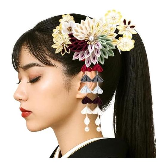3-Piece Tsumami Zaiku Hair Accessory Set for Furisode Kimono - Dusty Red, Classic Reins Patterned Sword Chrysanthemum. Modernized with Color Palette,