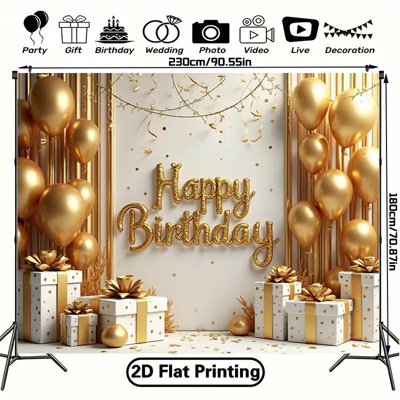 2D Luxury Gold Birthday Backdrop, Glitter Balloon & Gift Background Cloth