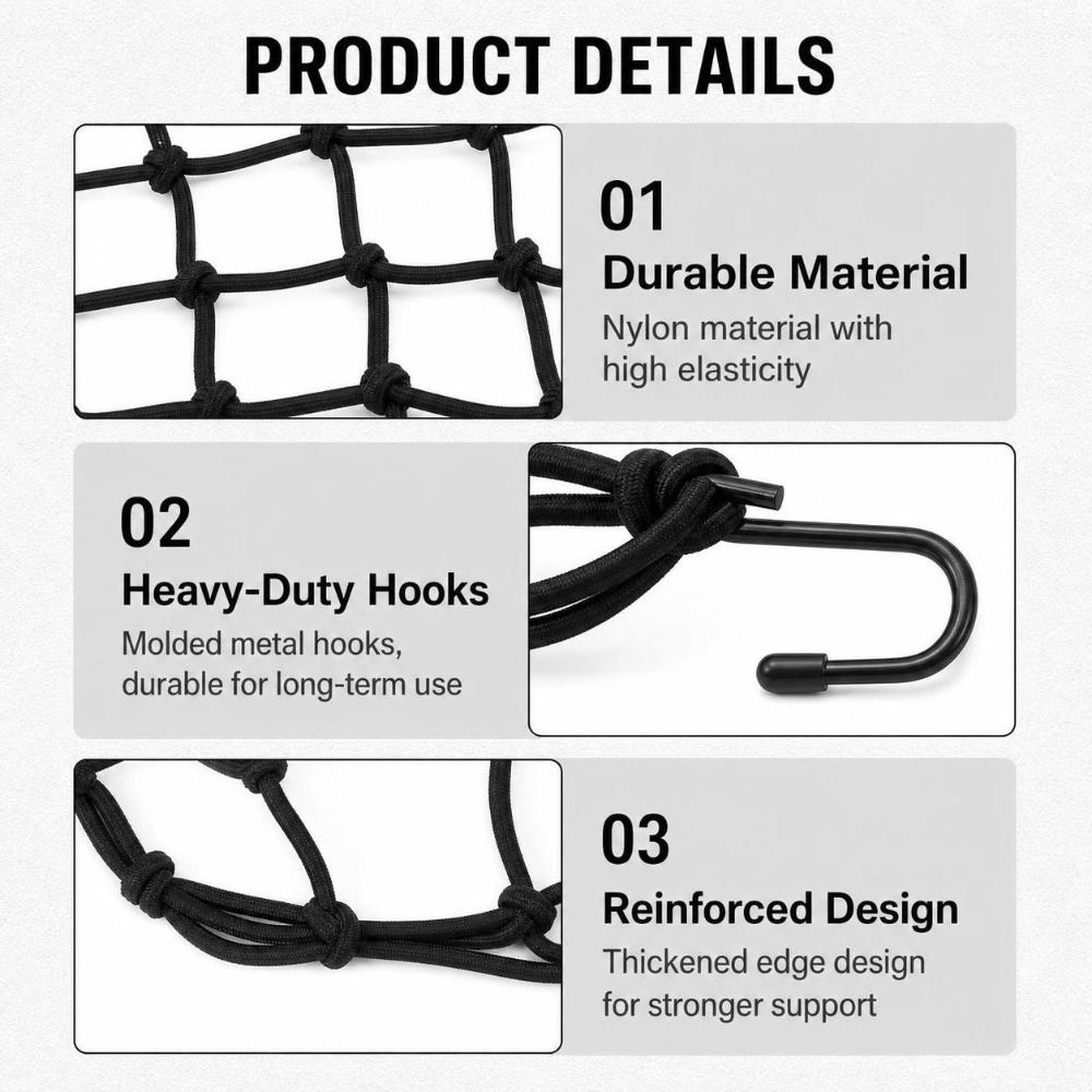 3PCS Elastic Rubber Rope Motorcycle Cargo Net 11.8 X 11.8 Inch Helmet Cargo Net  Gear Carrying