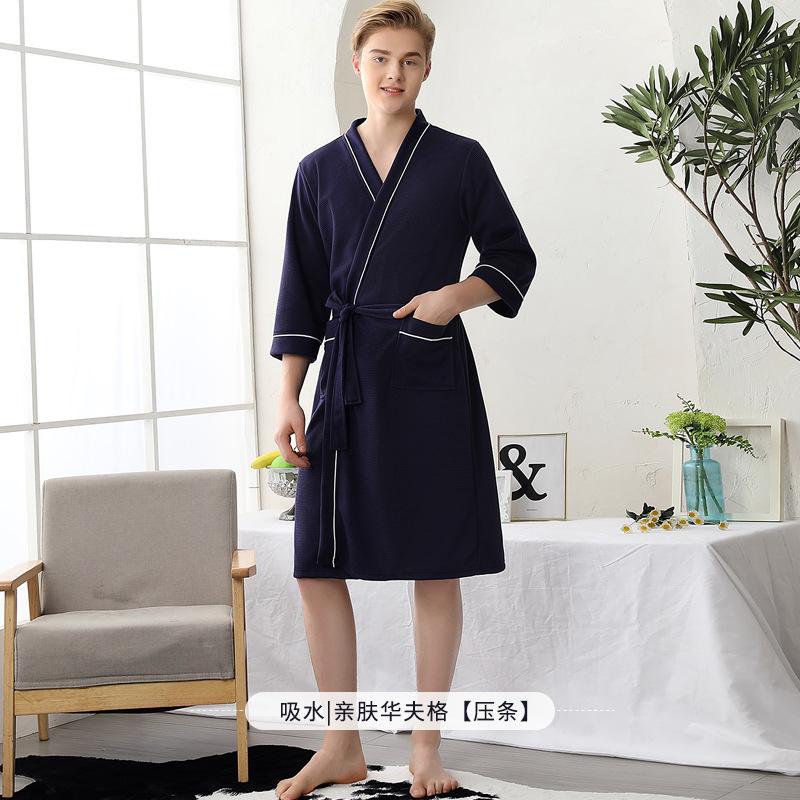 

Мужской летний халат больших размеров с карманами, парный халат с рукавами 3/4, на шнуровке, впитывающий, быстросохнущий, одежда для сна M темно-синий