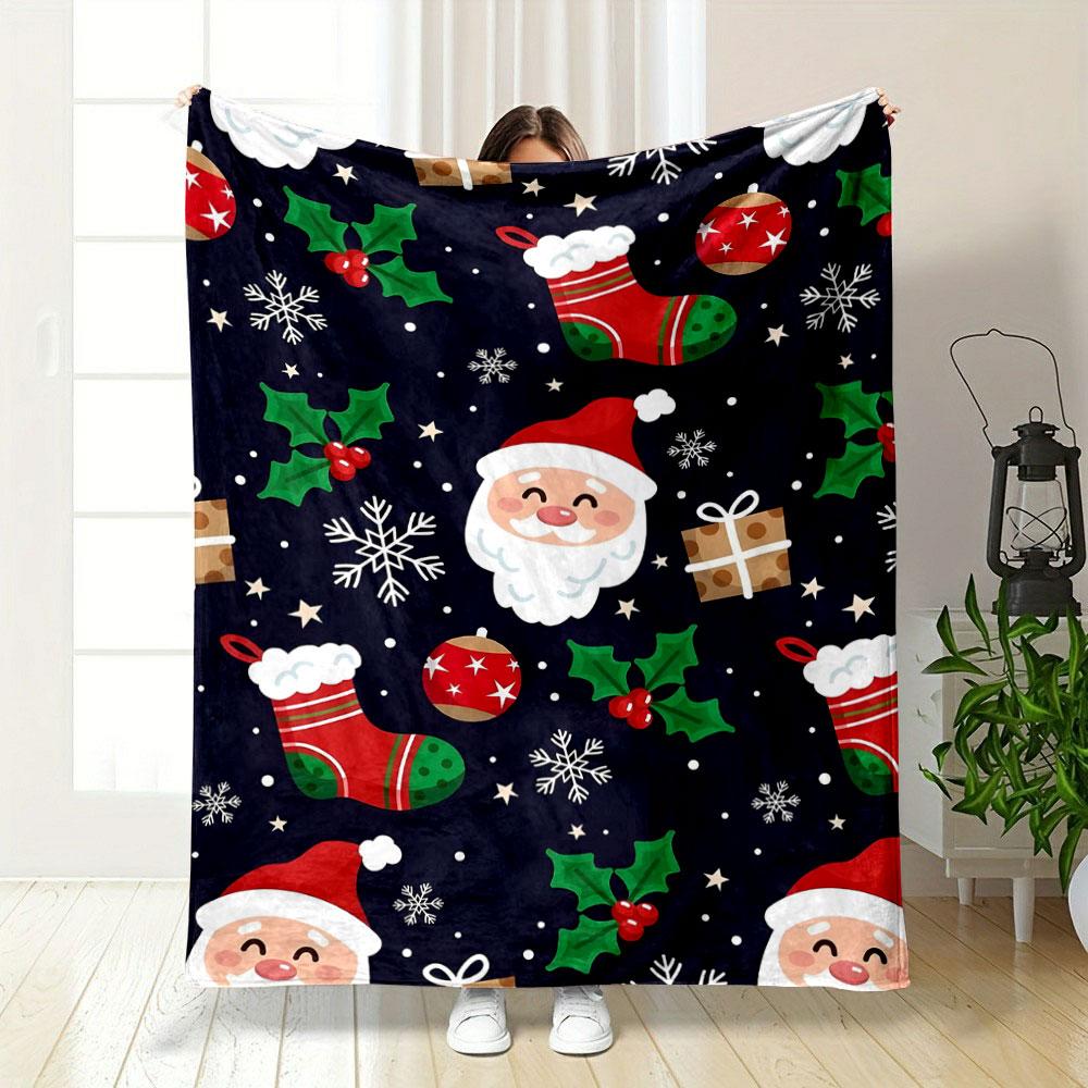 Christmas Santa and Holiday Pattern Patterned blanket, flannel, suitable for all seasons, home decor, warm and cozy