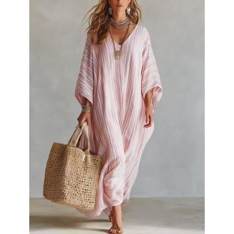 Summer new European and American digital printing striped V-neck five-quarter sleeve long sleeve women S