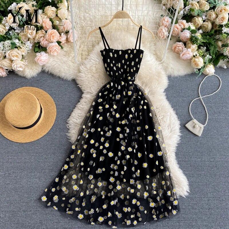 YuooMuoo Koreanische Mode Daisy Blume Drucken Mesh Party Kleid Sommer Zwei Schichten Spaghetti Strap Urlaub Midi Kleid Strand Vestidos
