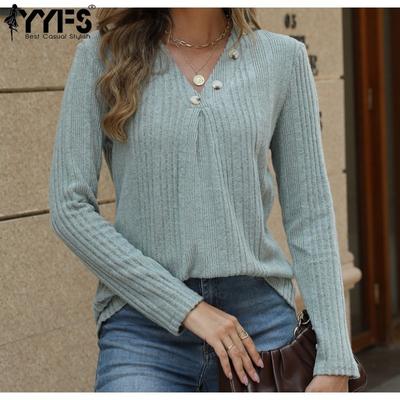 Women's Fashion Casual Spring Fall Solid Color Print Long Sleeve V-Neck Blouses & Shirts