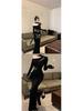 Women's Black One-Shoulder Lace Patchwork Long Sleeve Bodycon Dress for Spring/Autumn