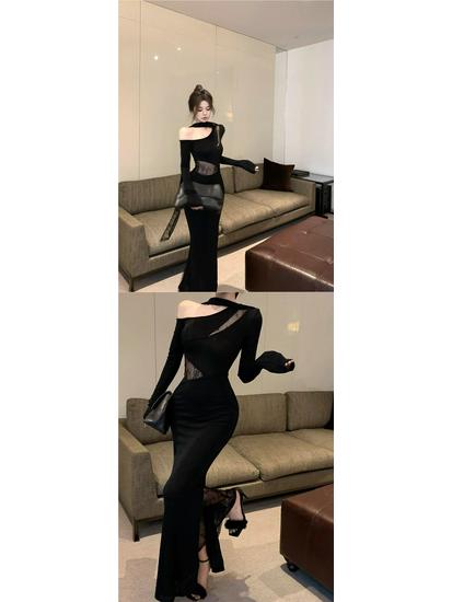Women's Black One-Shoulder Lace Patchwork Long Sleeve Bodycon Dress for Spring/Autumn