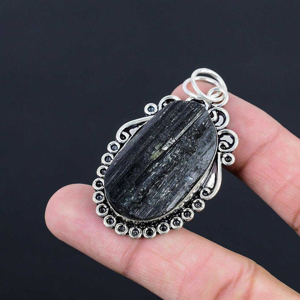 Womens day Sale Black Tourmaline Rough Gemstone 925 Silver Daughter New Pendant