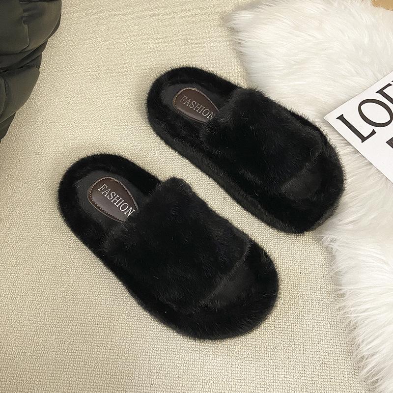 

Winter warm cotton slippers women s wear thick bottom non-slip Internet celebrities ins home versatile senior sense fluffy slippers 35 чёрный