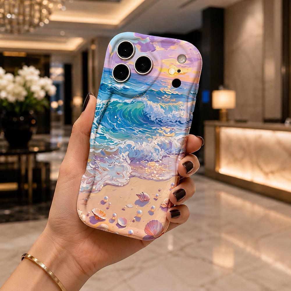 Ocean Wave And Seashell Pattern Wavy Edge Phone Case For iPhone 17 16 15 14 13 12 11 Pro Max Plus 8 7 Shockproof Cover