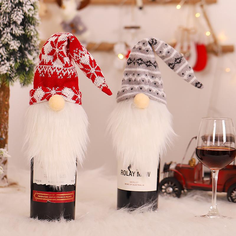 Bottle Charming Wine Cap Knitted Wine Bottle Cover With Faceless Santa Claus Grey And White Wine Design Cap