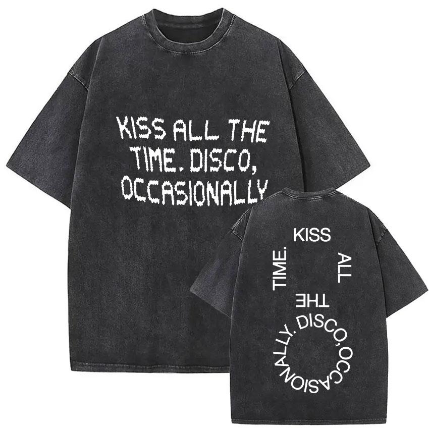 Kiss All The Time Disco Occasionally Album Vintage Washed Tshirt Men Women Clothing Fashion Hip Hop Short Sleeves T Shirts