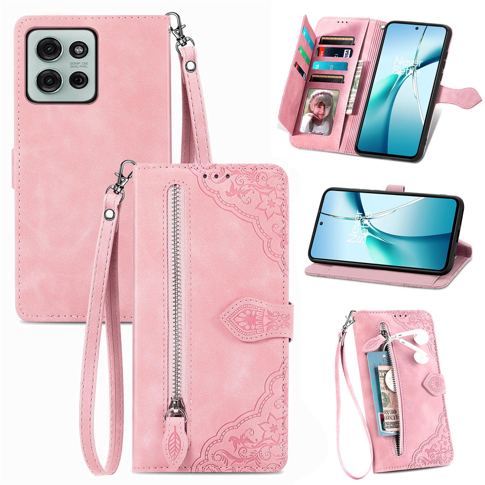 

For Motorola Moto G75 5G Zipper Wallet Case with Strap Flower Imprint PU Leather Phone Cover Pink