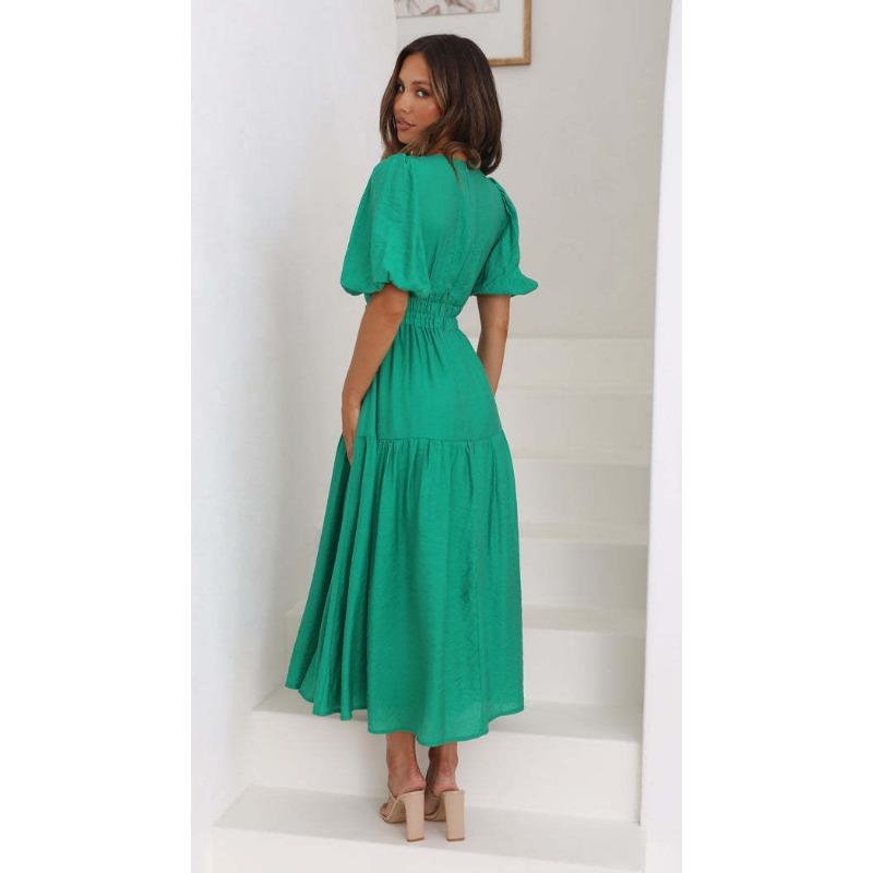 2025 Summer Deep V-neck Puff Short Sleeve Fashion Women Dress New Elegant Solid Color Loose Party Medium and Long Dress Women Slim Fit Women Clothing