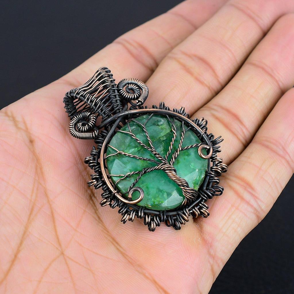 Szmaragdowy Wisiorek, Wisiorek Opleciony Drutem Miedzianym 999, Biżuteria z Kamieni Szlachetnych, Ręcznie Robiony Wisiorek Niesamowita Biżuteria, Prezent Dla Niej