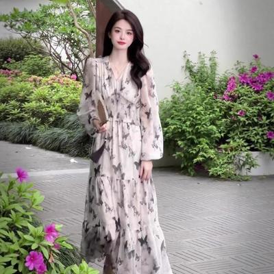 Frühling Herbst V-Ausschnitt Schmetterlingsdruck Temperament Kleid Damen Langarm Elegant Mode Lässige Robe Vestidos