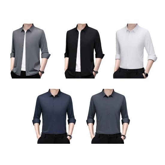 Men Shirt Lapel Long Breasted Shirt Color Elastic Fabric Tops Pure Sleeve Single Lightweight Breathable Shirt
