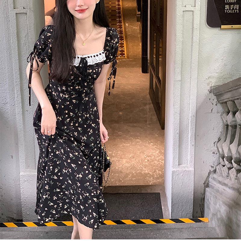 French Square Collar Dress for Women 2025 Summer New Style Gentle Temperament Waist-hugging Slit Skirt