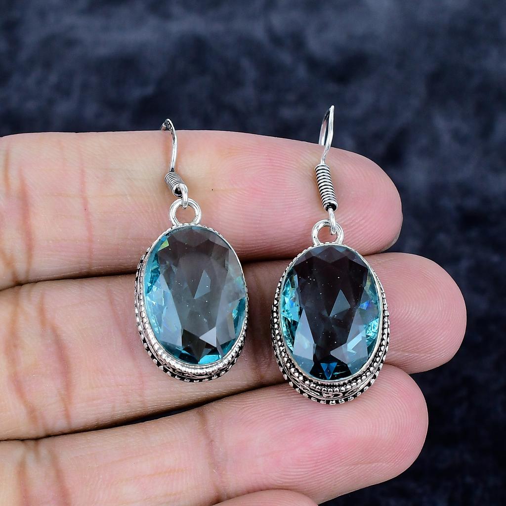 Swiss Blue Topaz Gemstone 925 Sterling Silver Jewelry Earring 1.58" MM-3477