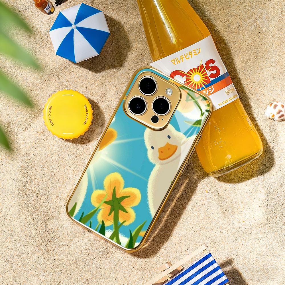 

Cute cartoon duck girly pattern Phone Case For iphone 17 16 15 14 13 12 11Pro Plus Max Gold-plated glass Phone Case iPhone 14