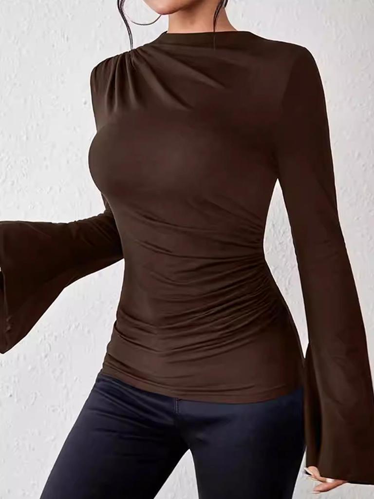 Women's Autumn-Winter Pleated Base Layer Top with Flare Sleeves and Half High Neck