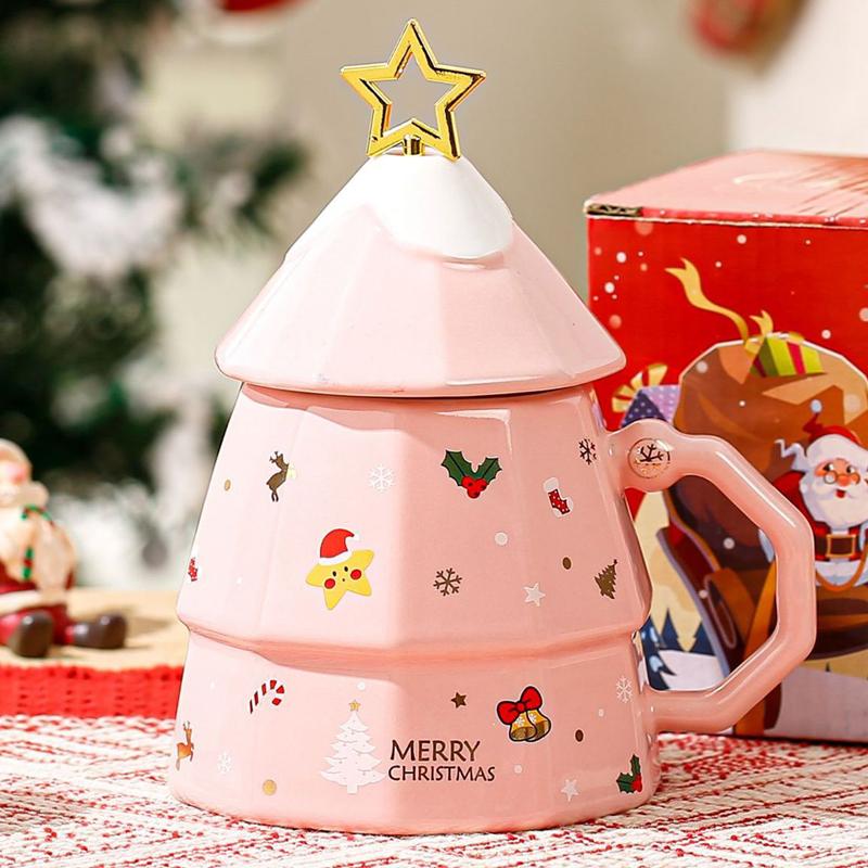 Creative Cartoon Cute Christmas Pattern Milk Coffee Cups, Ceramic Household Office Items, Porcelain Water Mugs With Lid Cup, 1Pc