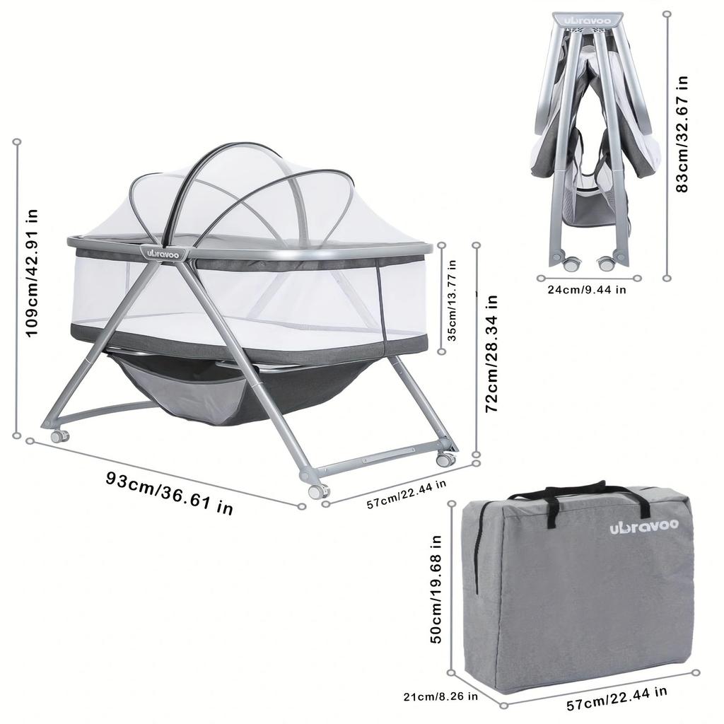 Ubravoo Kinderbett mit Netzstoff und Matratze 3-in-1, Reisebett | Wiege | Kleinkinderbett mit Rädern, umbaubar, inkl. Babywanne, Aufbewahrungskorb und Baldachin