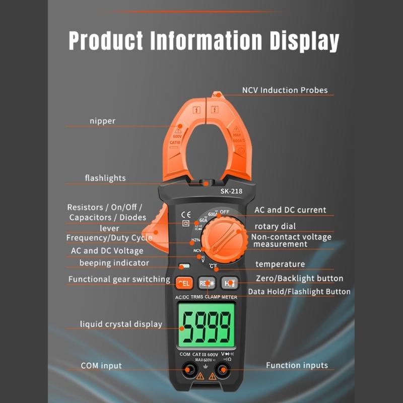SK-218 Intelligent Clamp Multimeter for Current Up to 600A with Backlit Display and 26mm Large Jaw Opening