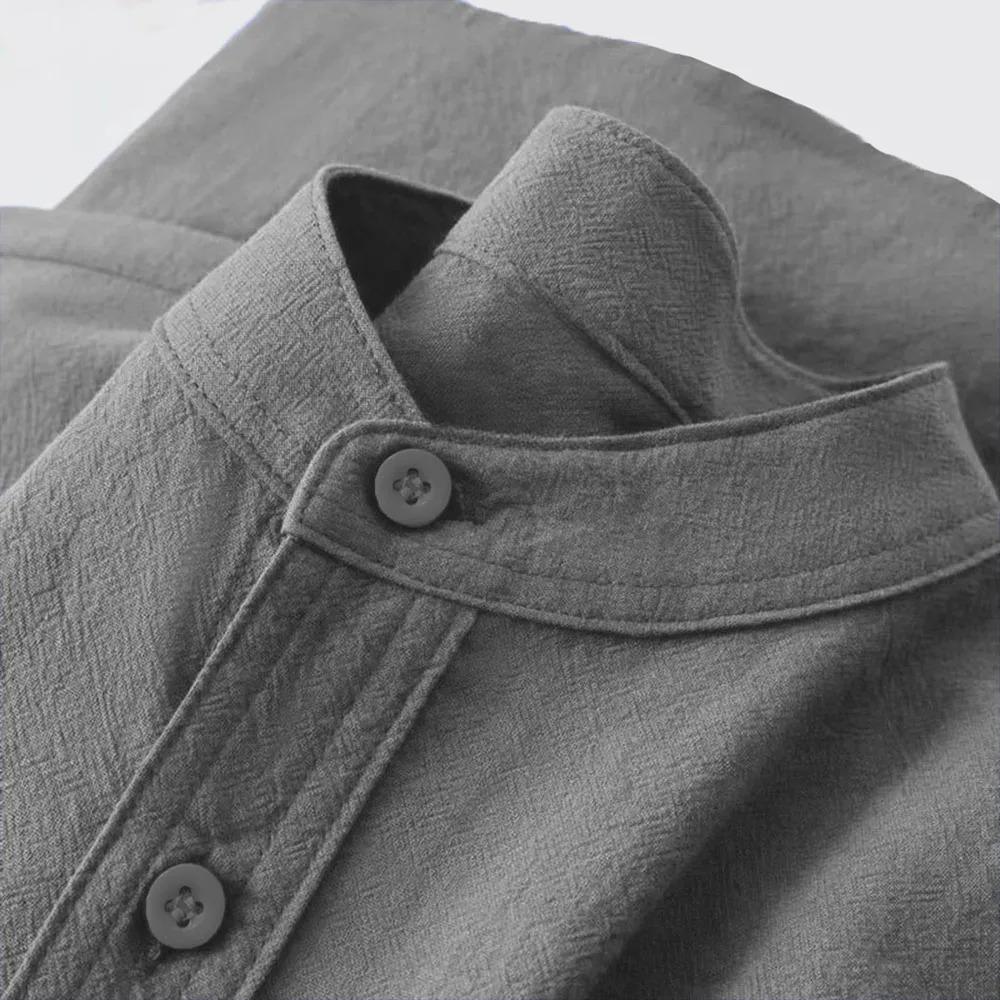 Classic Timeless Textured Cotton Linen Long Sleeve Shirt for Men Breathable Mandarin Collar Button Placket Casual Daily Vacation Tops In Solid Colors