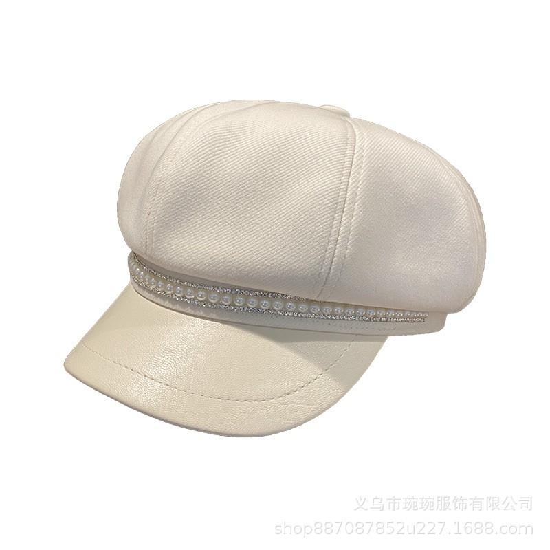 Womens Cotton Beret Hat With Pearl Chain Decor Wide Brim Octagonal Cap Fashion