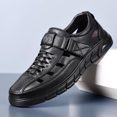 Breathable Men'S Leather Sandals Cowhide Hollow Hole Shoes Casual Soft Sole Dad Sandals