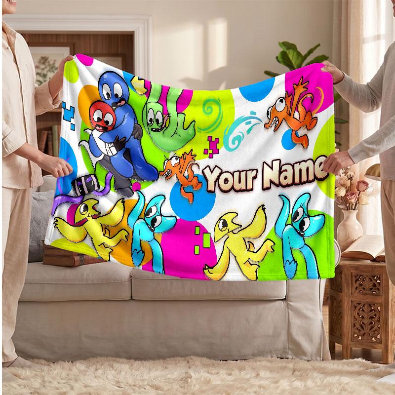 Rainbow Friends Personalized Flannel Blanket, Custom Printed Text Name, Warm Soft Blanket For Couch Bed