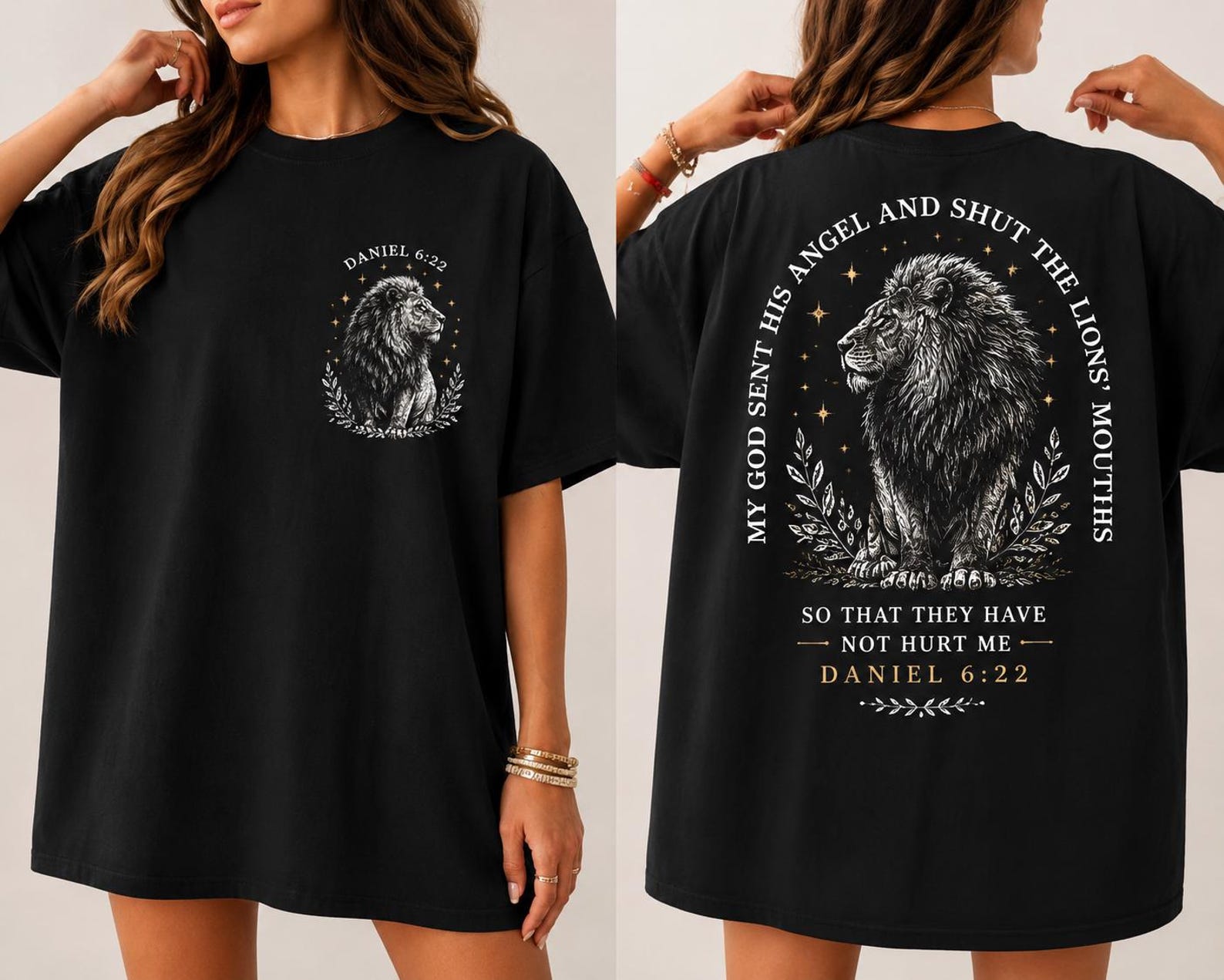 Christian Lion T-Shirt Daniel 6:22, Bible Verse Oversized Tee, Faith Based Shirt, God Sent His Angel Shirt, Christian Graphic Tee 2XL