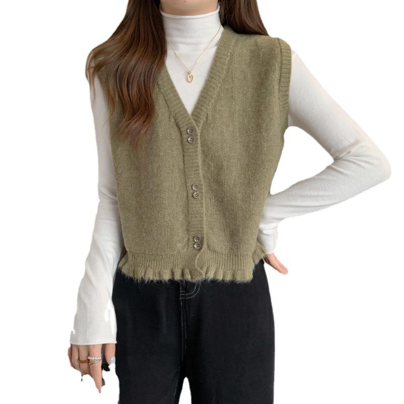 Women's Knitted Vest Outfit with Fungus Edge Hem Design V-neck Sweater Vest