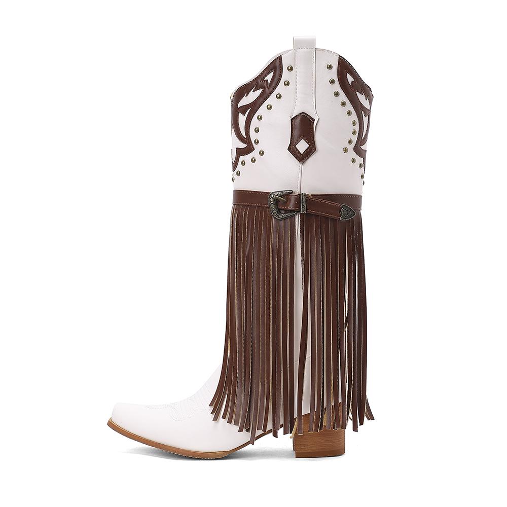 2026 Neue Winter Schwarz Weiß Damen Kniehohe Westernstiefel Cowboystiefel Hoher Klobiger Absatz Damenschuhe Übergröße 12 43 45 48