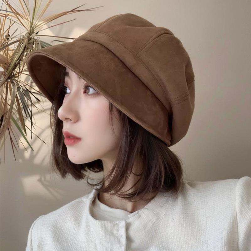 Hat Female Autumn and Winter Literary and Retro Versatile Suede Cold Hat Showing Face Small Octagonal Hat Fisherman Hat