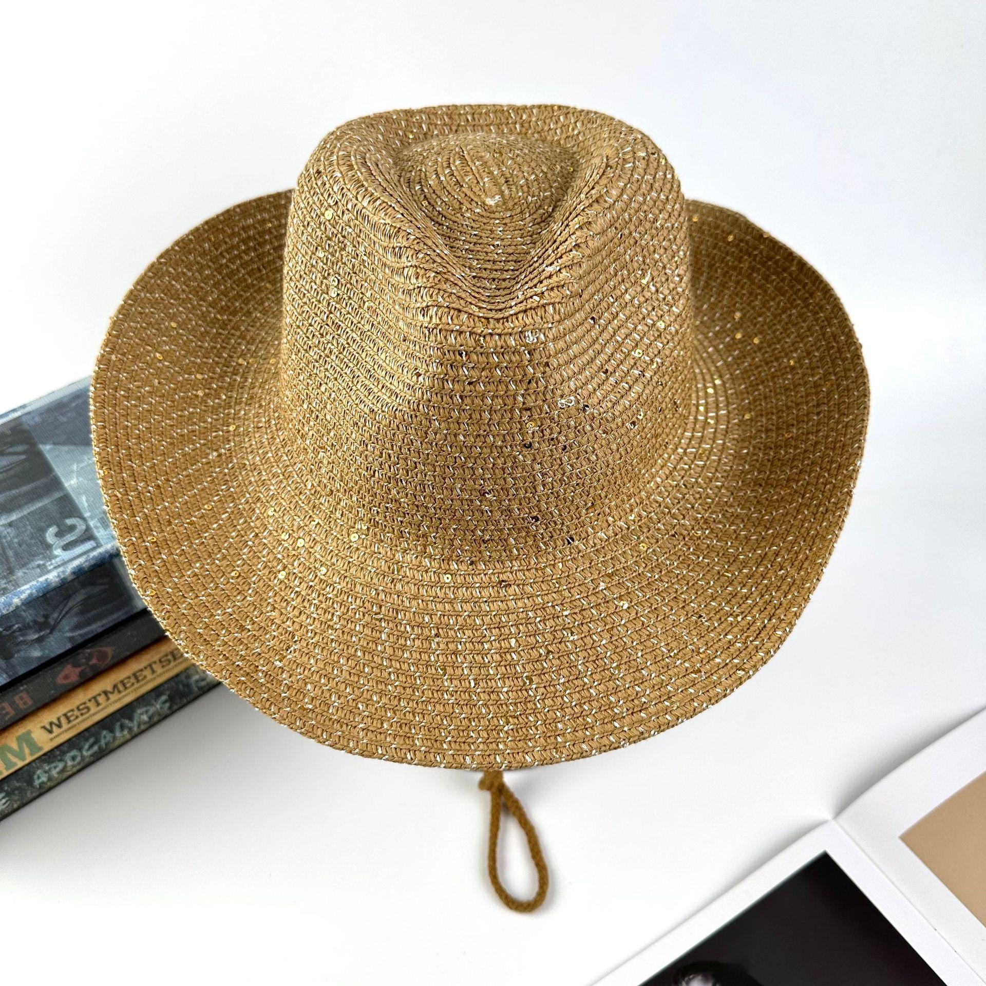 

Spring And Summer Outdoor Sequined Hat Big Brim Visor Hat Men And Women Western Cowboy Style Straw Hat Travel Hat M（56-58cm） верблюд