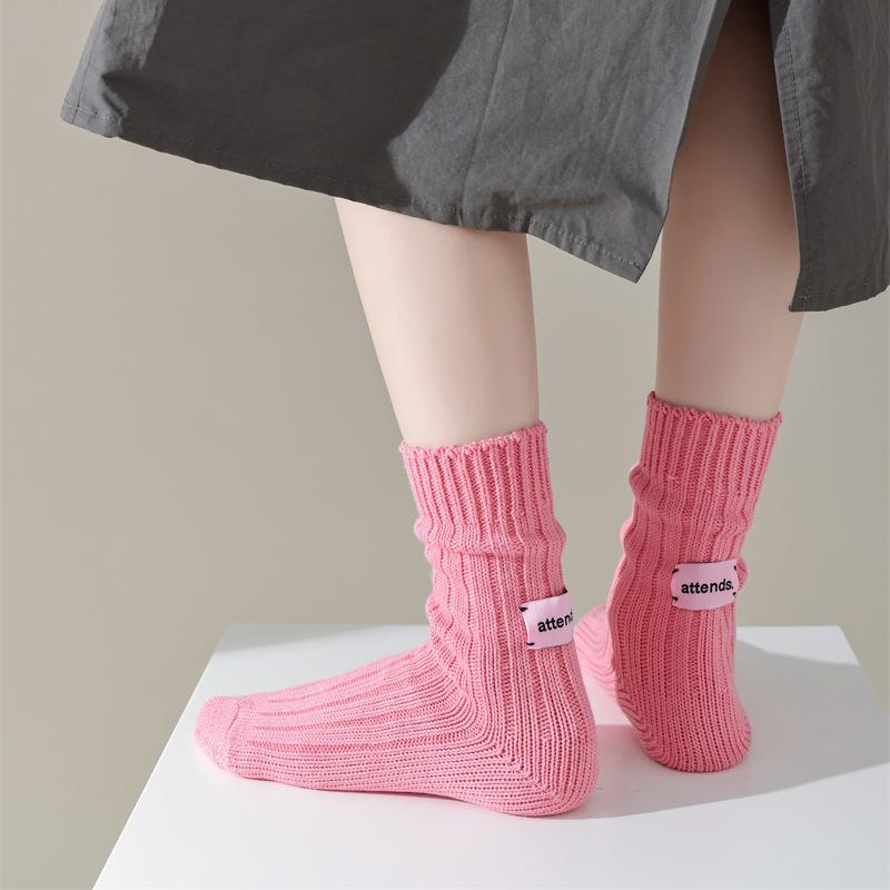 Japanese Pink Label Chunky Knit Mid-Calf Socks - Unisex Solid Color Raw Cotton