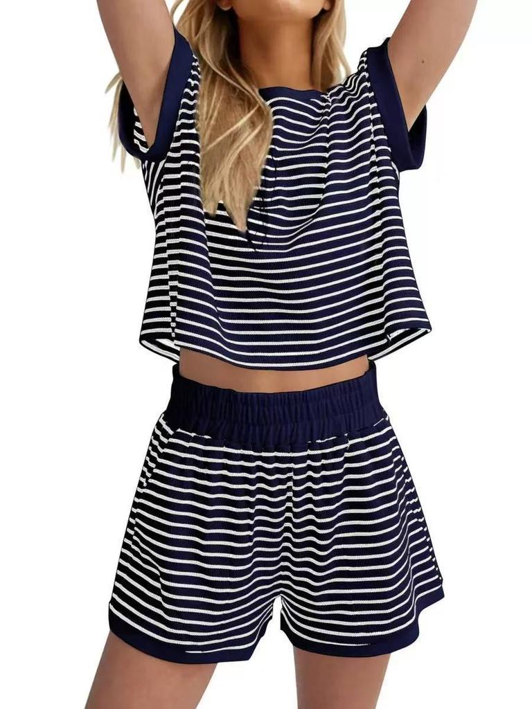 Women's Blue White Stripe Short Sleeve Crop Top and Shorts Set
