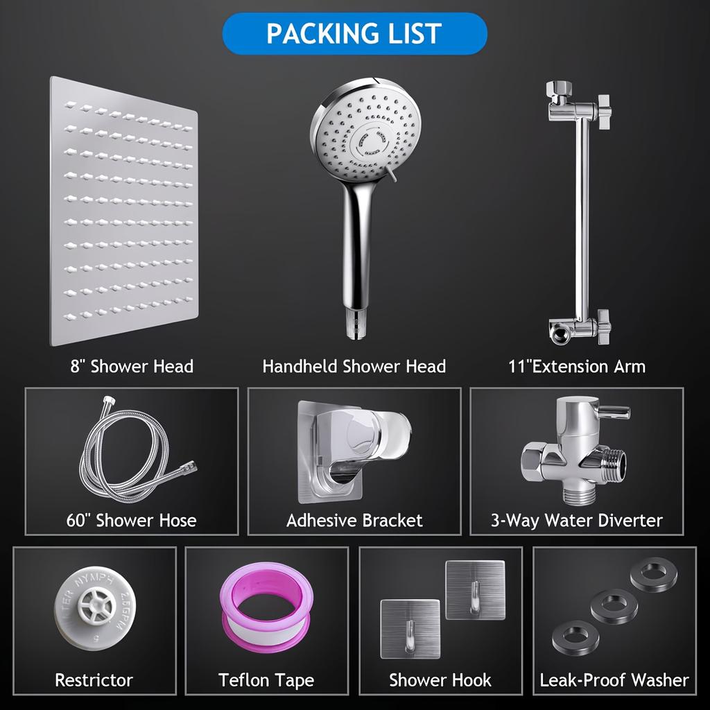 High Pressure Rain and Handheld Shower Head Combo, 11-Inch Extension Arm, 9 Settings, Adjustable Height and Angle, Chrome or Matte Black